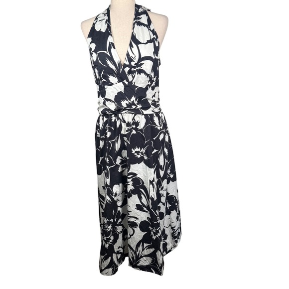 Boston Proper Dresses & Skirts - Boston Proper Halter Dress Women 14 Black White Floral Cotton Midi Summer Pocket